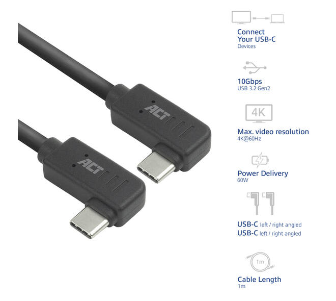 Kabel ACT USB-C hoek links/rechts 10Gbps 1m