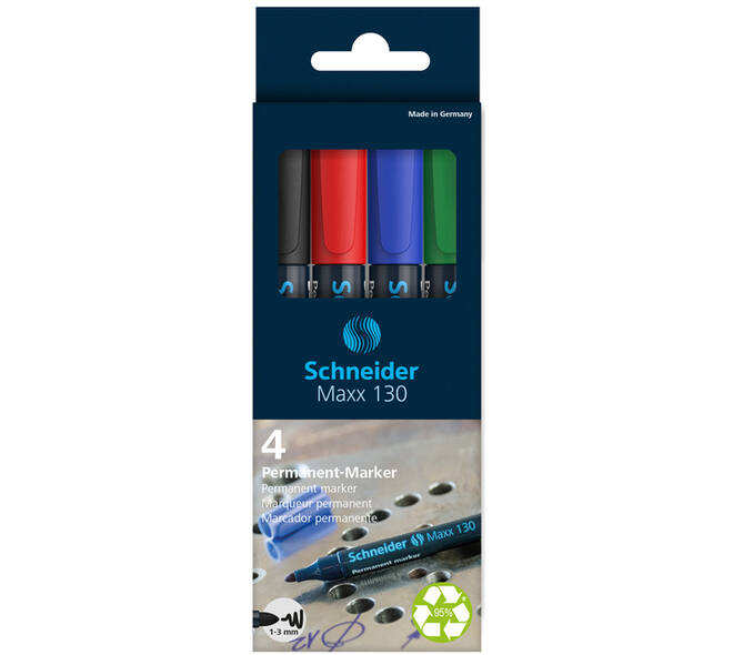 Permanent marker Schneider Maxx 130 rond 1-3mm assorti 4 stuks