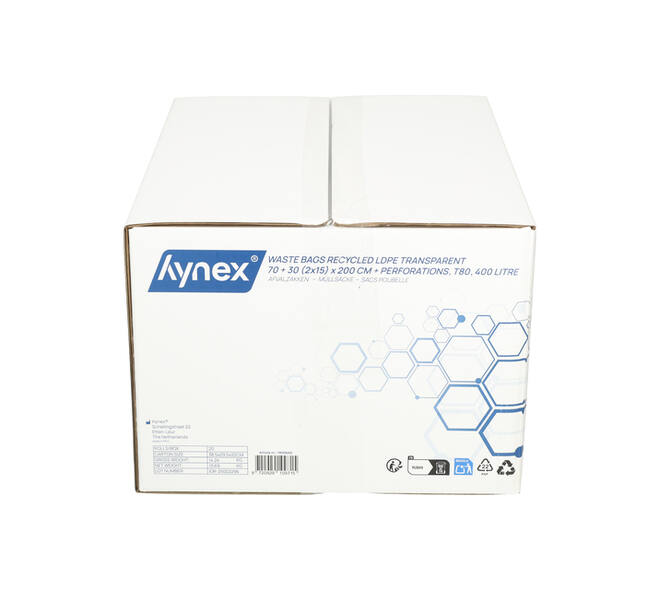 Afvalzak Hynex 70/15x200cm LDPE recycled T80 400L transparant ponsgaten rol à 5 stuks