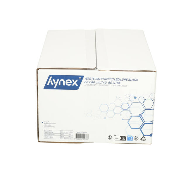 Afvalzak Hynex 60x80cm LDPE recycled T40 60L zwart rol à 20 stuks