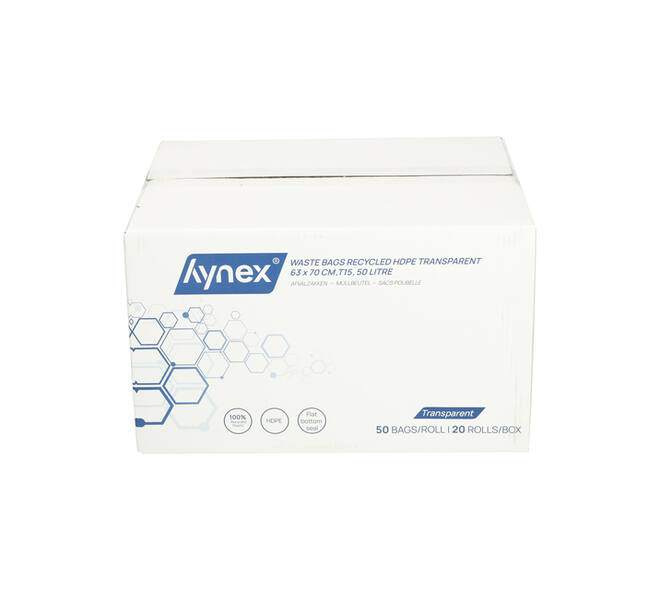 Afvalzak Hynex 63x70cm HDPE recycled T15 50L transparant rol à 50 stuks