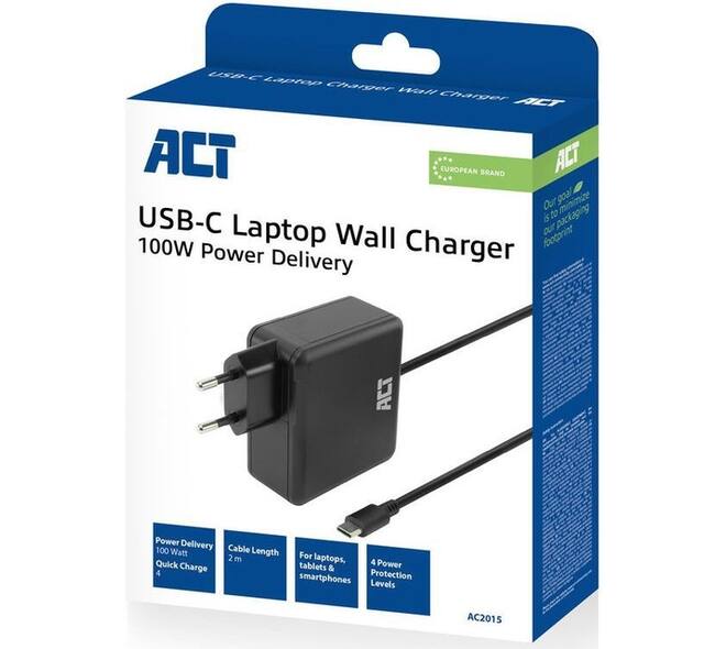 Laptoplader ACT USB-C 100W PD 2 meter