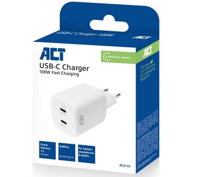 Oplader ACT USB-C 100W 2-poorts PD, PPS, AVS, QC, Ganfast