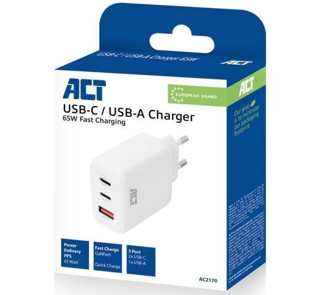 Oplader ACT 65W 3-poorts USB-C USB-A PD QC Ganfast