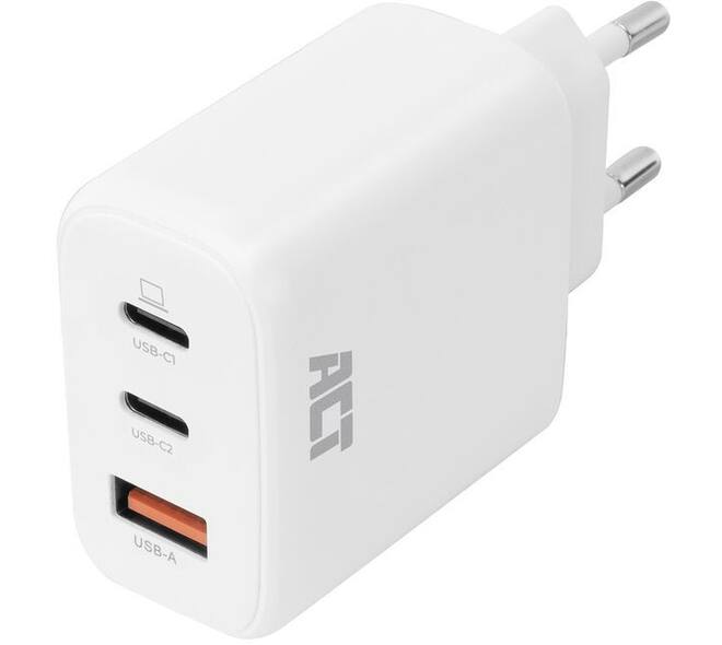 Oplader ACT 65W 3-poorts USB-C USB-A PD QC Ganfast