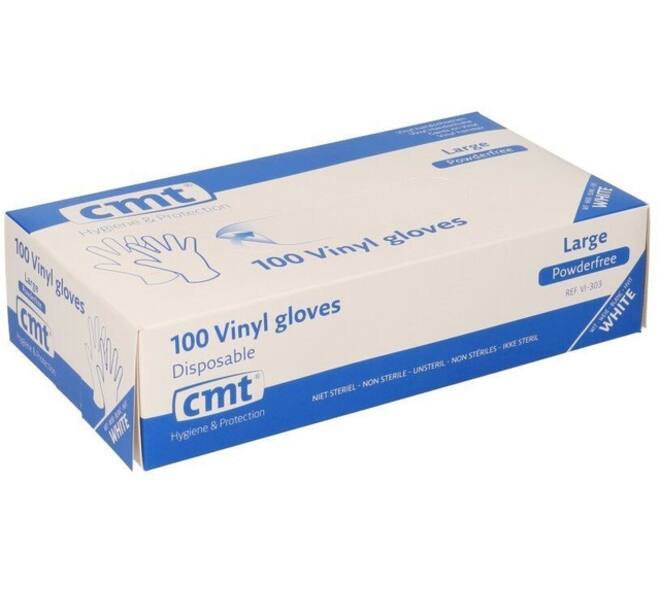 Handschoen CMT L vinyl poedervrij wit 100 stuks