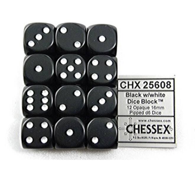 Dobbelsteen Chessex Black/white D6 16mm set à 12 stuks