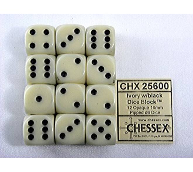 Dobbelsteen Chessex Ivory/black D6 16mm set à 12 stuks