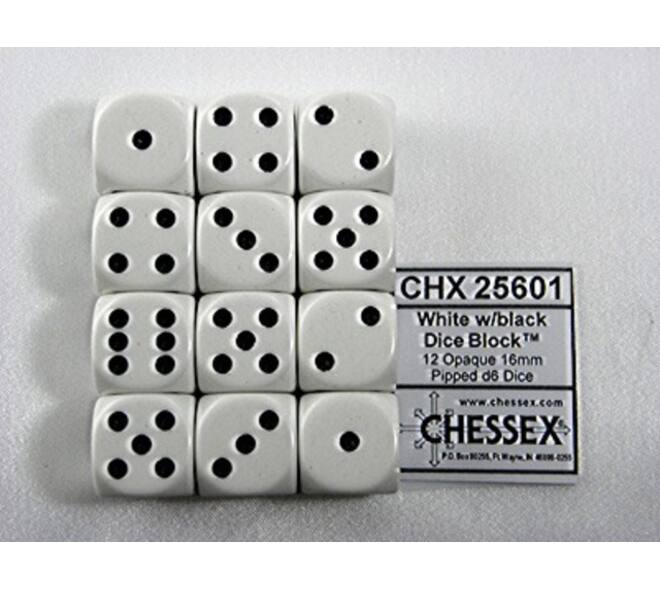 Dobbelsteen Chessex White/black D6 16mm set à 12 stuks
