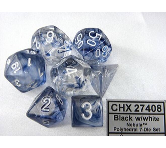 Dobbelsteen Chessex  Polydice Nebula Black/white set à 7 stuks