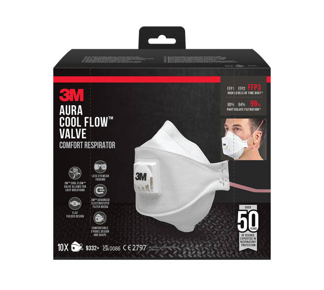 Stofmasker 3M Aura Comfort Cool Flow 9332 FFP3 met ventiel 10 stuks