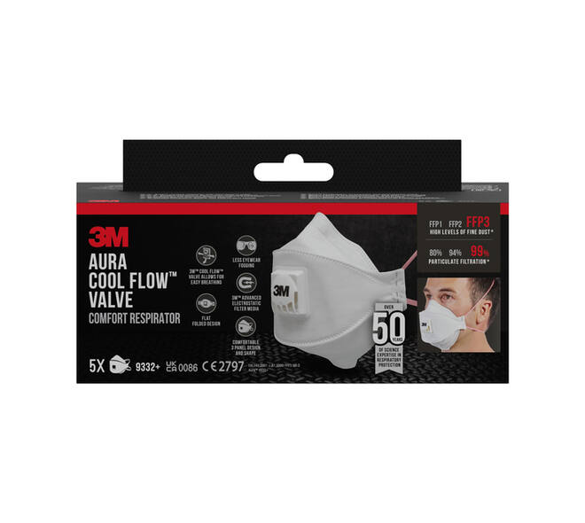 Stofmasker 3M Aura Comfort Cool Flow 9332 FFP3 met ventiel 5 stuks