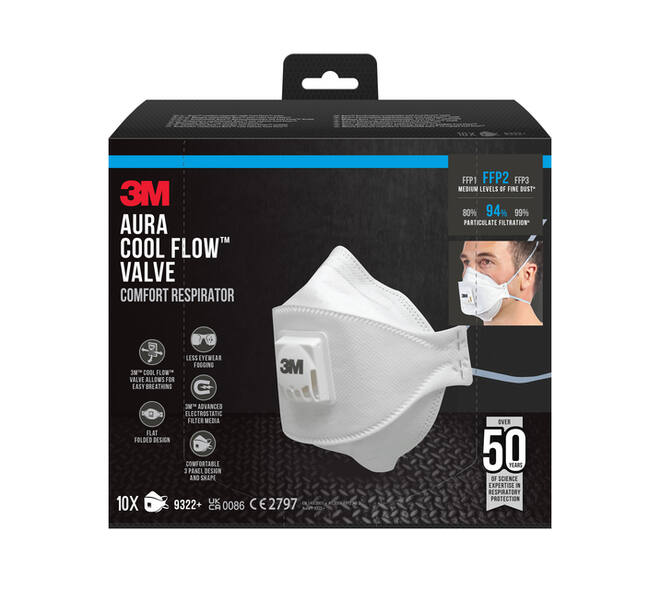 Stofmasker 3M Aura voor schuren 9322 FFP2 met ventiel 10 stuks