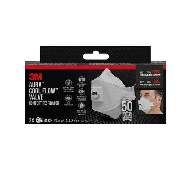 Stofmasker 3M Aura Comfort Cool Flow 9332 FFP3 met ventiel 2 stuks