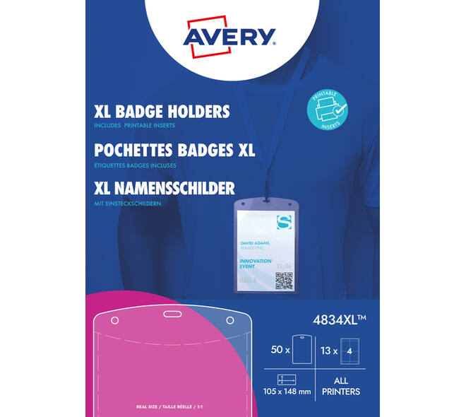 Badge Avery 4834XL A6 hoes + bedrukbare insteekkaarten 50 stuks