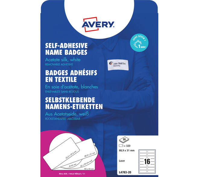 Naambadge etiket Avery L4783-20 88.9x31mm zelfklevend 320 stuks