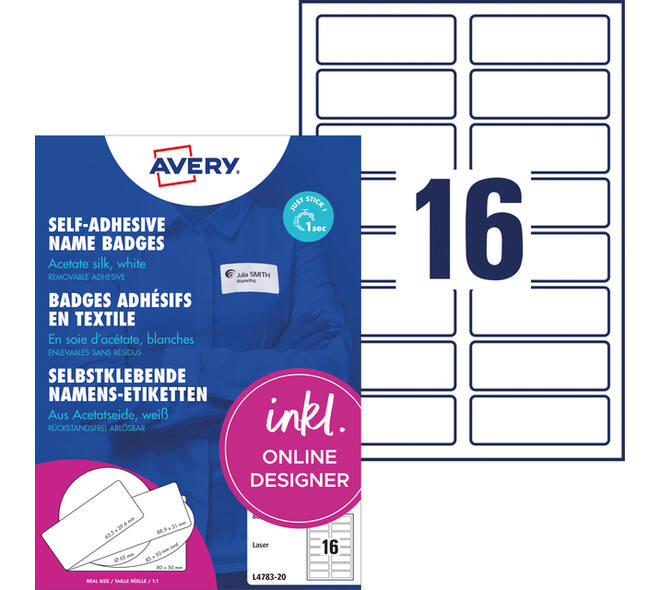 Naambadge etiket Avery L4783-20 88.9x31mm zelfklevend 320 stuks
