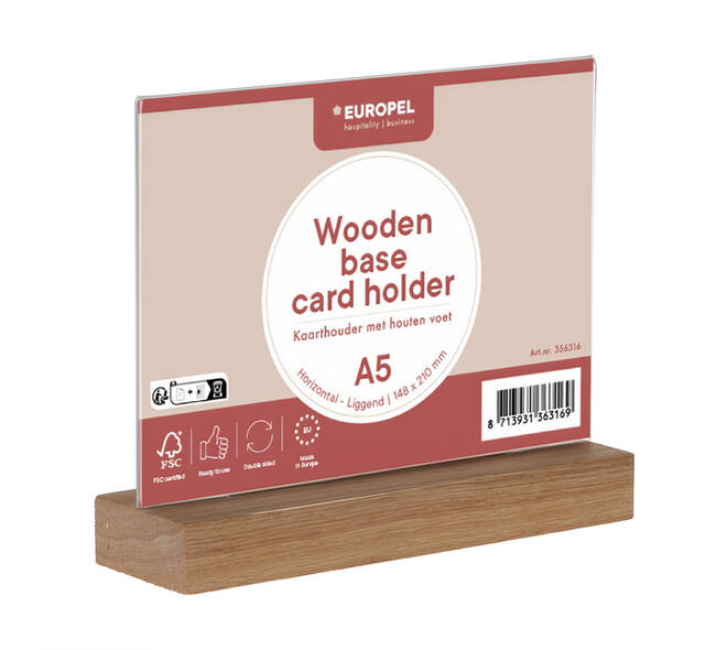 Kaarthouder Europel acryl met houten voet A5 liggend