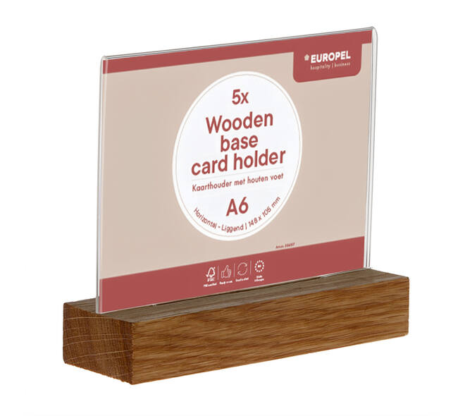 Kaarthouder Europel acryl houten voet A6 liggend 5 stuks