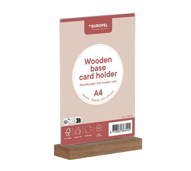 Kaarthouder Europel acryl met houten voet A4 staand