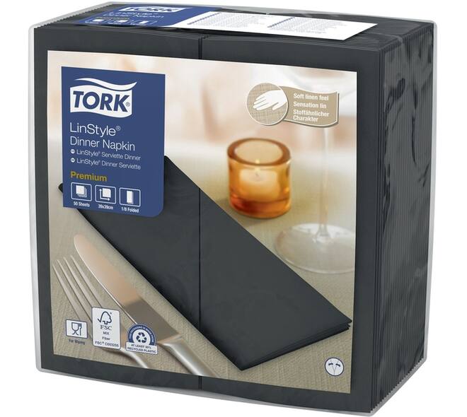 Dinerservet Tork Linstyle Premium 1/8 vouw 1-laags 390x390mm 50 vel zwart 478196