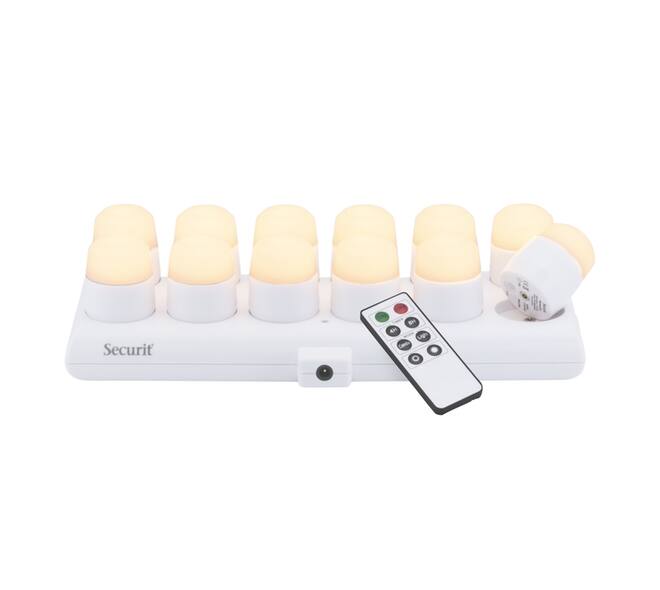 Theelicht Securit Amsterdam LED warmwit met oplaadstation 12 stuks wit