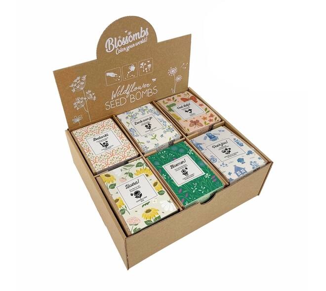 Giftbox Blossombs kruiden-bloemen assorti display à 24 zaadbommetjes