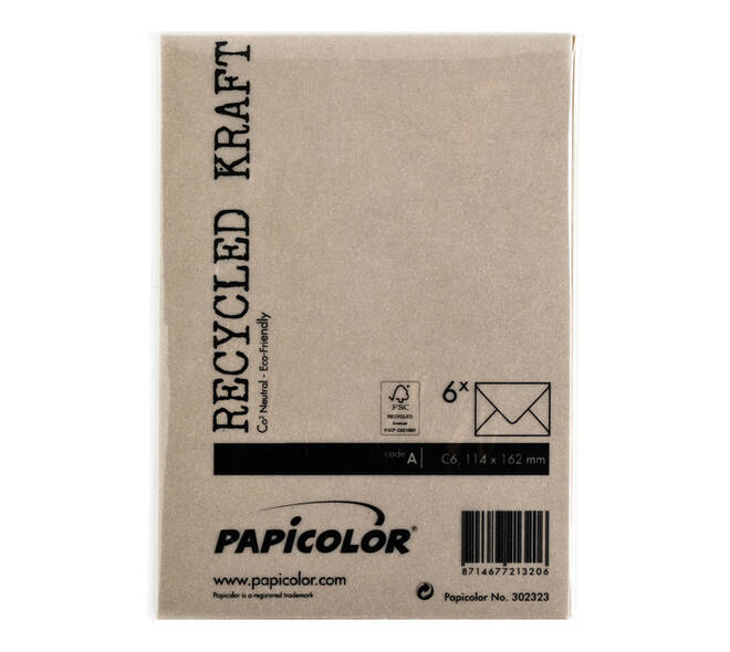 Envelop Papicolor C6 114x162mm kraft bruin pak à 6 stuks