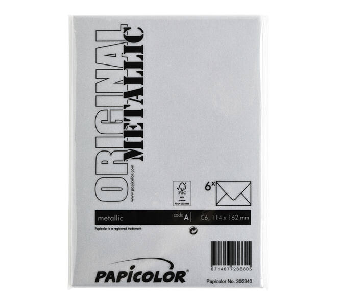 Envelop Papicolor C6 114x162mm metallic zilver pak à 6 stuks