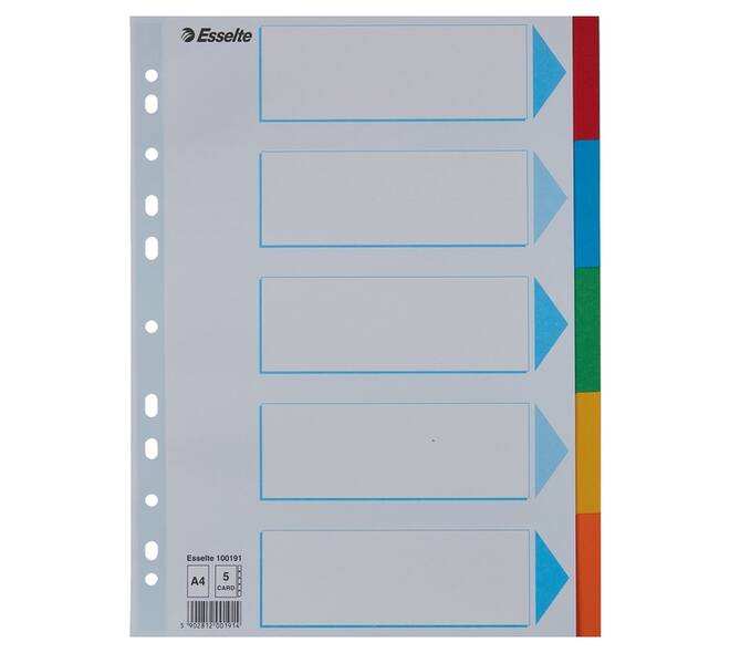 Tabbladen Esselte Standaard A4 5-delig karton 11-rings met voorblad assorti