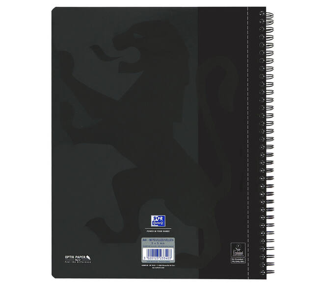 Collegeblok Oxford A4+ ruit 5x5mm 4-gaats 180 pagina's 80gr zwart
