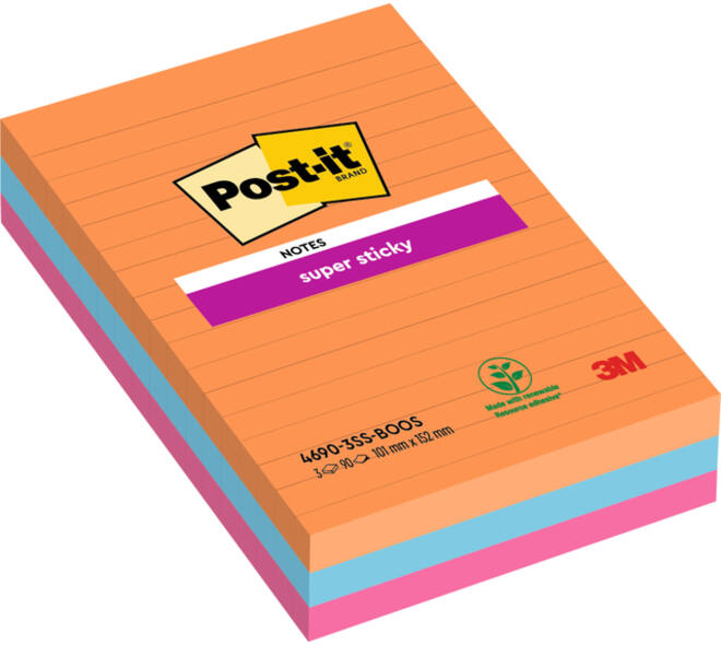 Memoblok Post-it 4690 Super Sticky 101x152mm lijn Bangkok 3 stuks