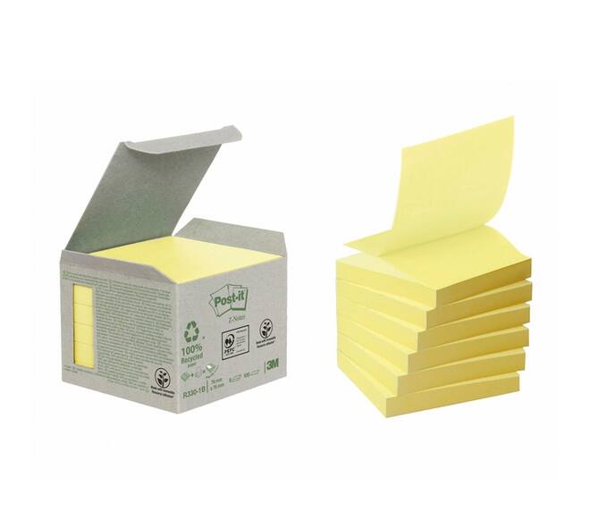 Memoblok Post-it Z-Note R330-1B recycled 76x76mm canary yellow 6 stuks