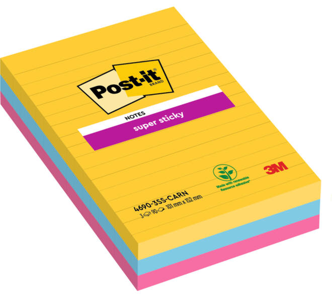 Memoblok Post-it 4690 Super Sticky 101x152mm lijn Carnival 3 stuks