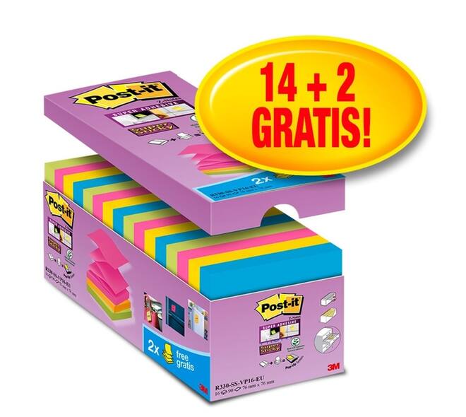 Memoblok Post-it Z-Note S330 Super Sticky 76x76mm 14+ 2 assorti