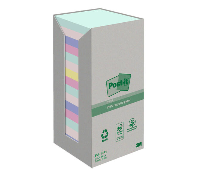 Memoblok Post-it 654-RTP 76x76mm recycled rainbow pastel 16 stuks