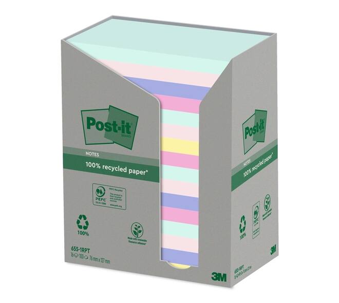 Memoblok Post-it 655-RPT 76x127mm recycled rainbow pastel 16 stuks