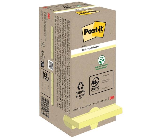 Memoblok Post-it 654 76x76mm recycled pastel geel 16 stuks