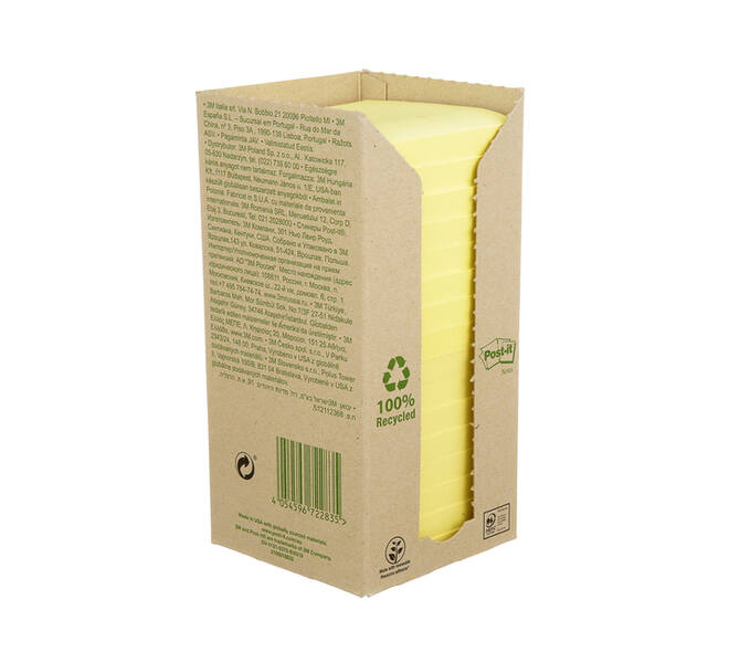 Memoblok Post-it 654 76x76mm recycled pastel geel 16 stuks