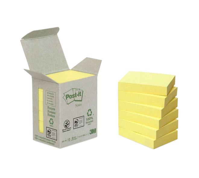 Memoblok Post-it 653-1B recycled 38x51mm canary yellow 6 stuks