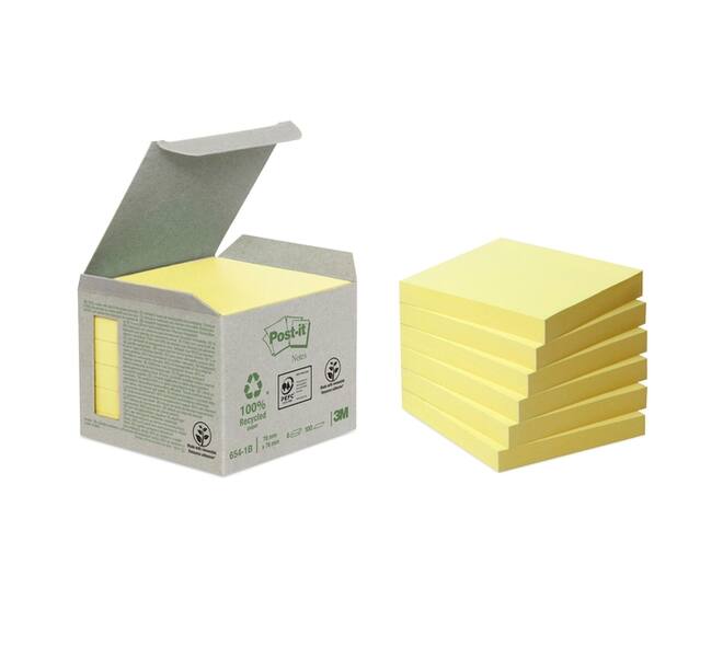 Memoblok Post-it 654-1B 76x76mm recycled geel 6 stuks