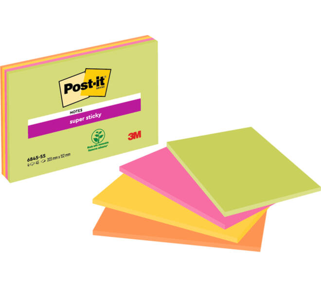 Memoblok Post-it 6845 Super Sticky 203x152mm assorti 4 stuks