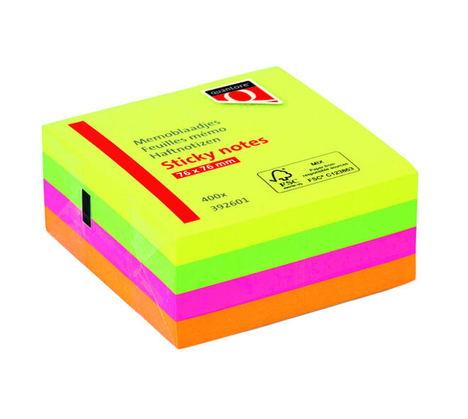 Memoblok Quantore 76x76mm neon kleuren assorti 4 kleuren 400 vel