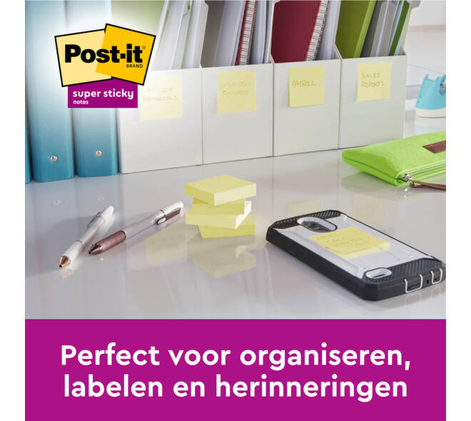 Memoblok Post-it 654 Super Sticky 76x76mm geel 14+2 gratis