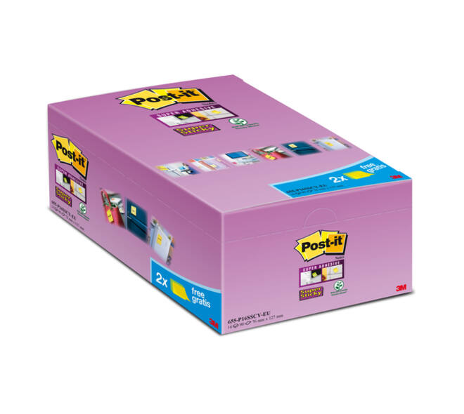 Memoblok Post-it 655 Super Sticky 76x127mm geel 14+2 gratis