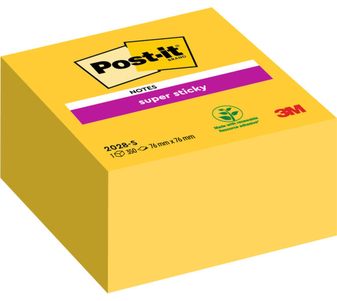 Memoblok Post-it 2028 Super Sticky 76x76mm kubus geel