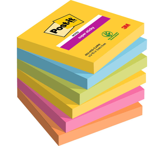 Memoblok Post-it 654 Super Sticky 76x76mm Carnival 6 stuks
