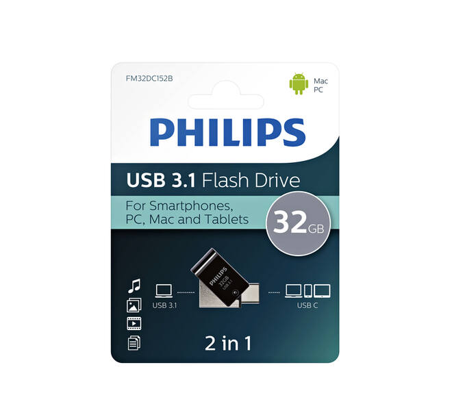 USB stick 3.1 Philips 2in1 USB-C USB-A 32GB zwart