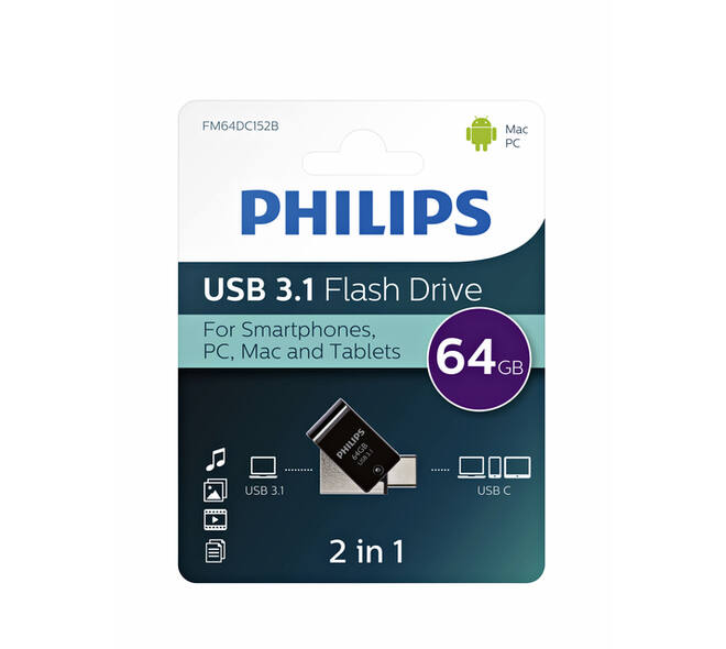 USB stick 3.1 Philips 2in1 USB-C USB-A 64GB zwart