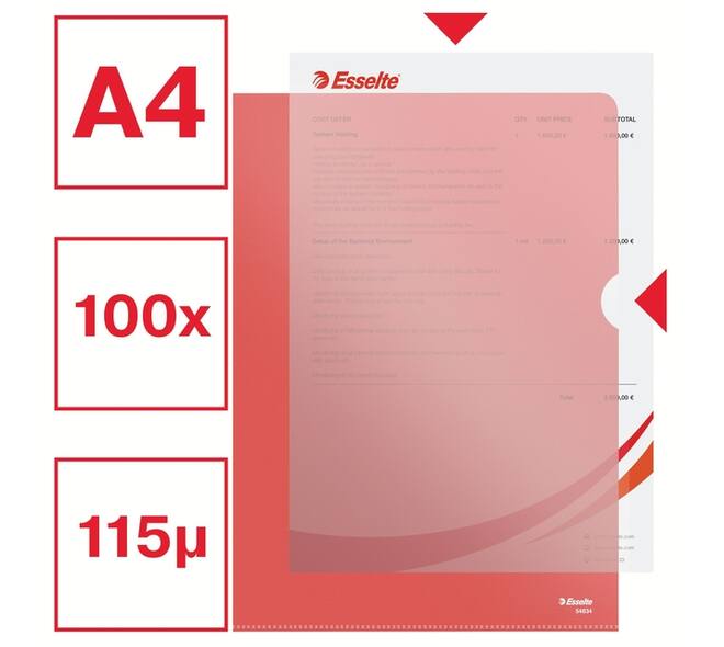 Insteekmap L-model Esselte standaard A4 0.11mm PP rood 100 stuks